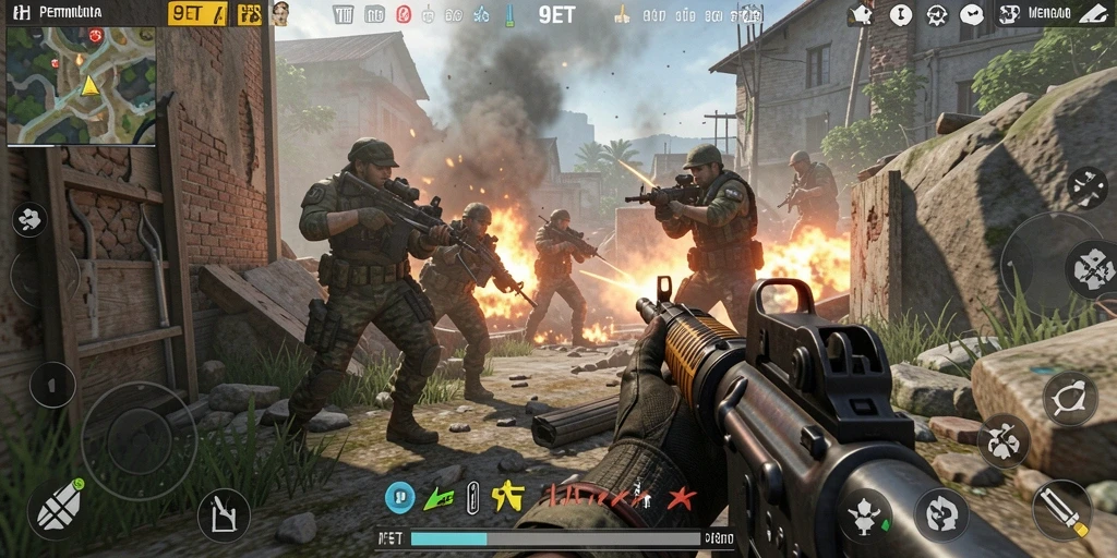 Tampilan gameplay 9ET yang intens dan penuh aksi FPS.