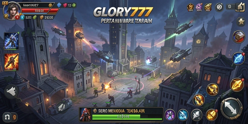 Tampilan gameplay seru di GLORY777 menunjukkan pertahanan menara melawan gelombang musuh.