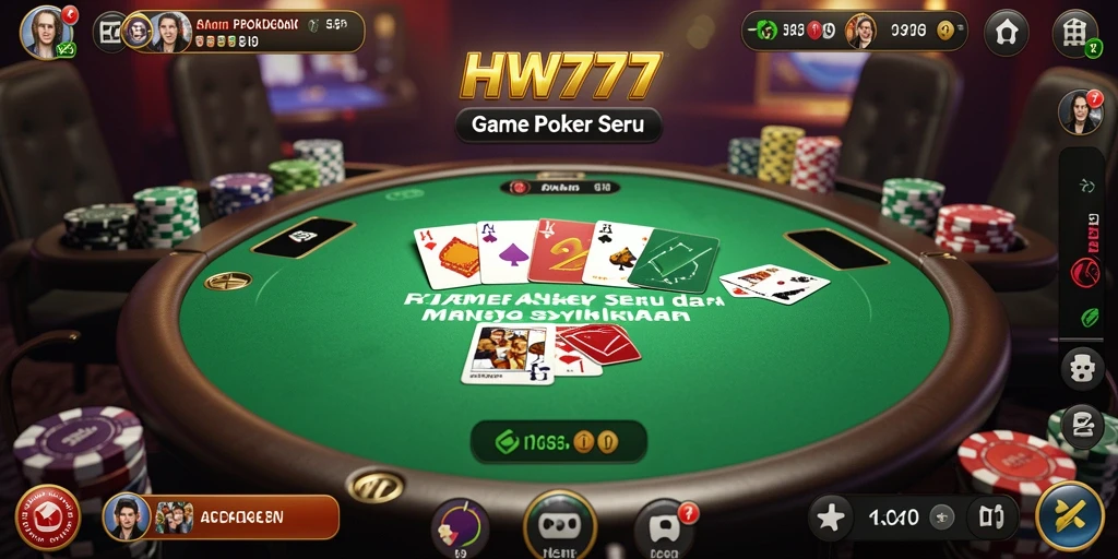 Screenshot utama HW777 menampilkan aksi seru di meja poker.