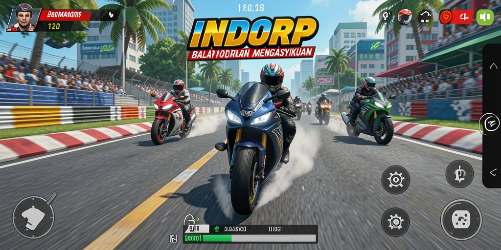 Tampilan gameplay seru dan dramatis dari INDORP di trek balap motor.
