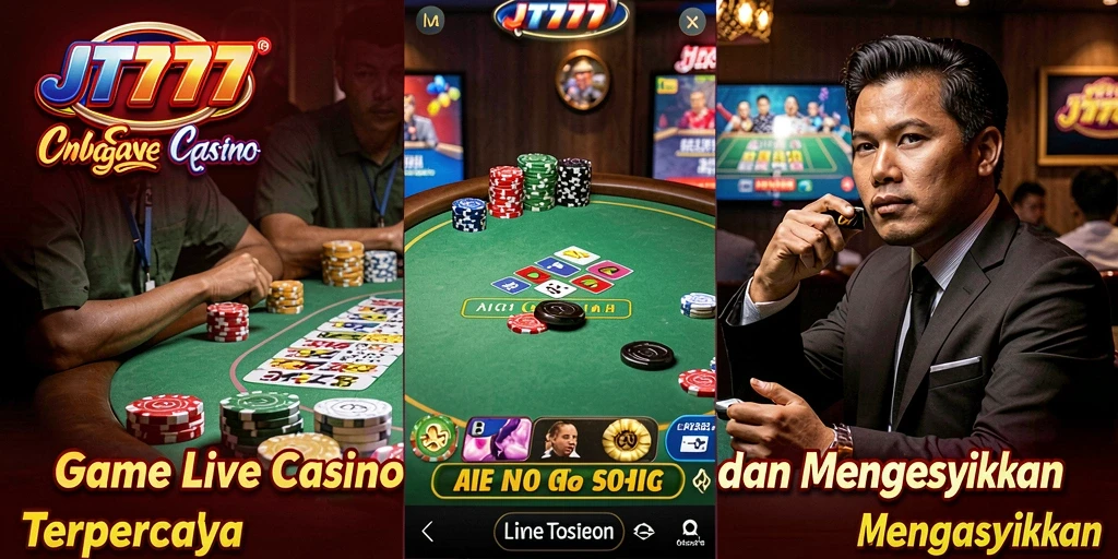 Screenshot gameplay JT777 menampilkan dealer langsung dan meja permainan yang menarik.