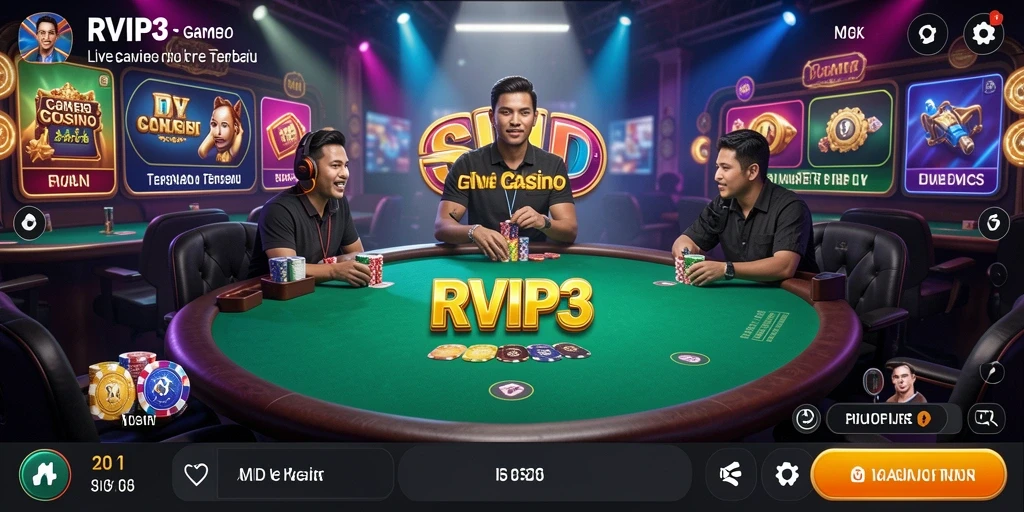 Tampilan antarmuka RVIP3 saat bermain Live Casino dengan dealer langsung.