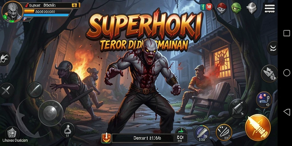 Screenshot gameplay SUPERHOKI menampilkan suasana horror yang mencekam.