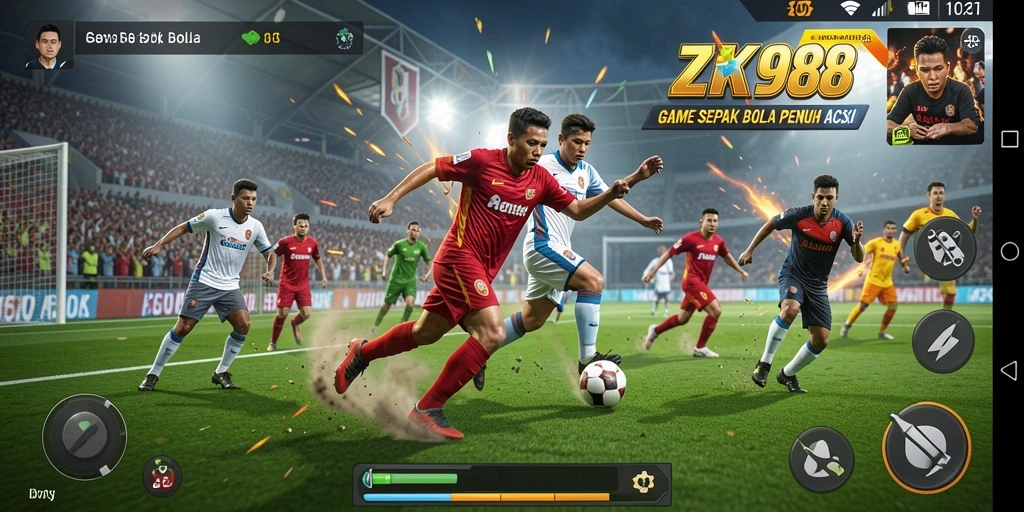 Screenshot gameplay ZK988 menampilkan pertandingan sepak bola yang mendebarkan.